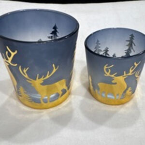 Glenhaven holiday winter rustic Candle Holders, Set of 2, Blue and Gold NWT